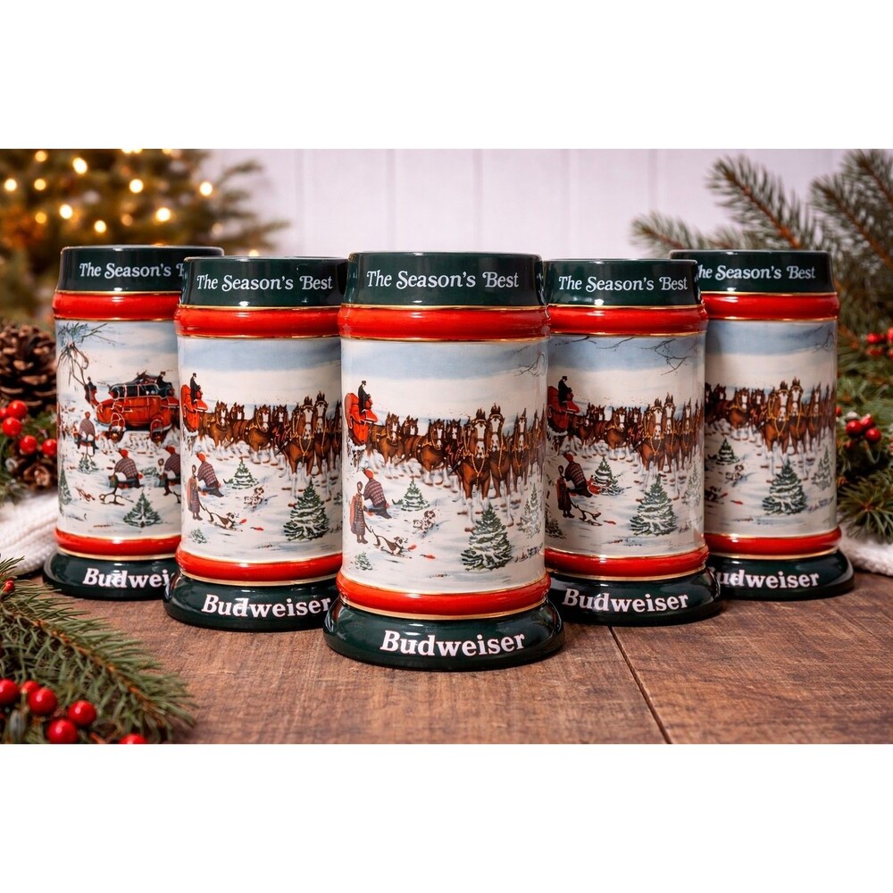 Lot Of 5 1991 Budweiser Holiday Beer Stein Clydesdales Collector Mug 7"